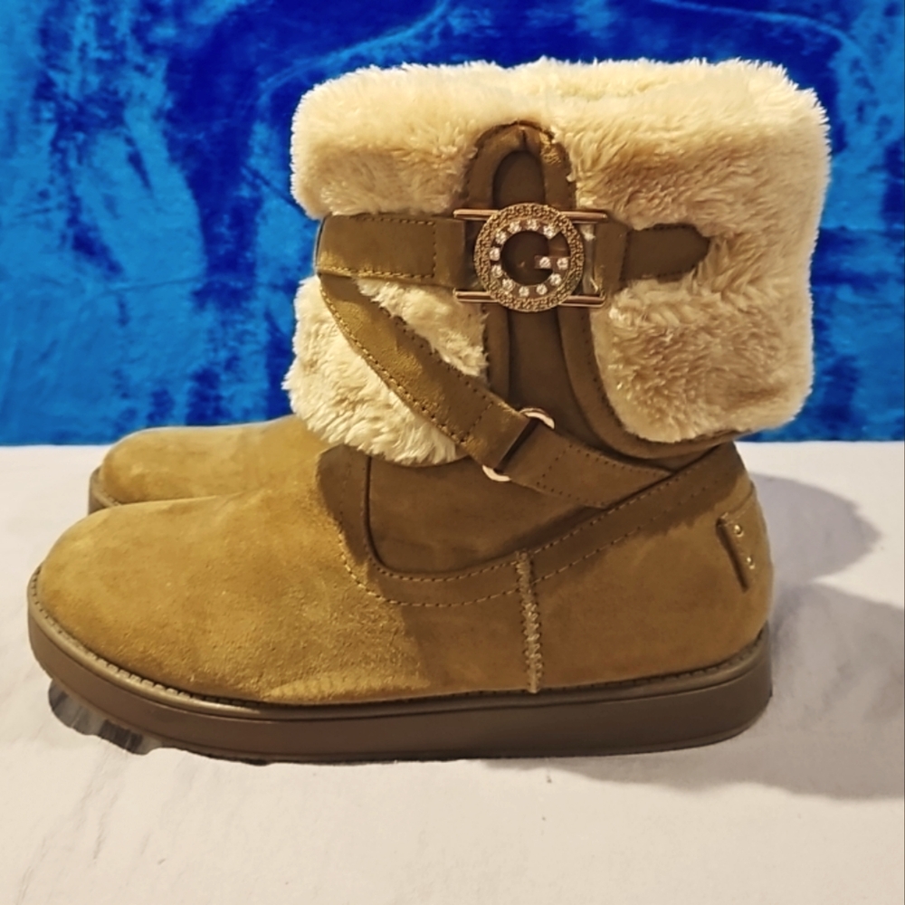 GUESS BROWN SUEDE MID-CALF WINTER BOOTIES SZ 7.5 RHINESTONE EMBELISHED